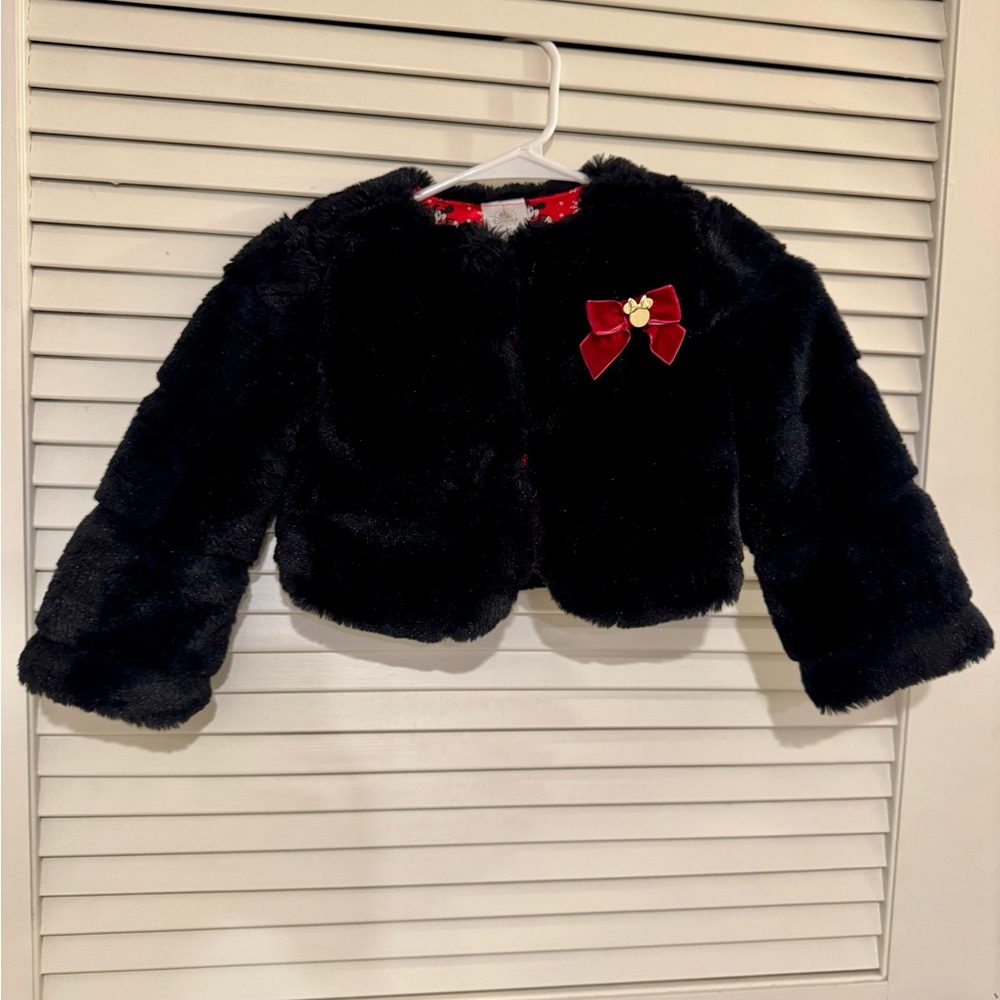 Disney Black Faux Fur Jacket with Red Bow for Toddler 3T